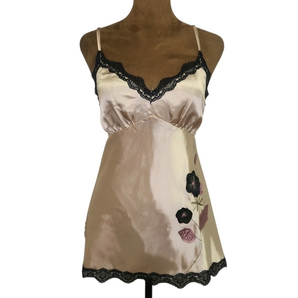 Y2K Halo Satin Babydoll Tank Top Cami Tie Back Embroidered Floral Lace